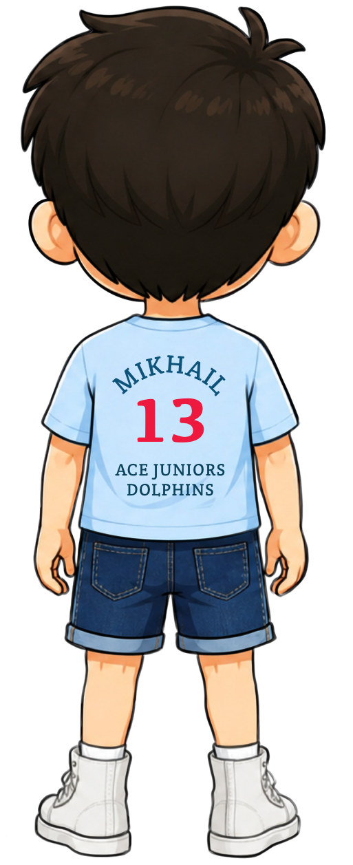 Mikhail in his ACE Juniors Dolphins jersey, number 13